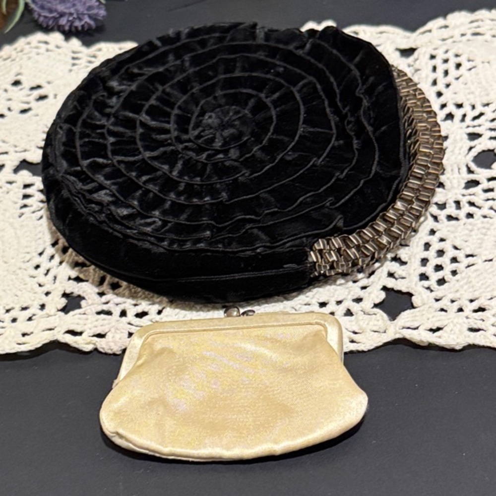 Rare Vintage Black Velvet-like Circular Clutch or Hand Bag